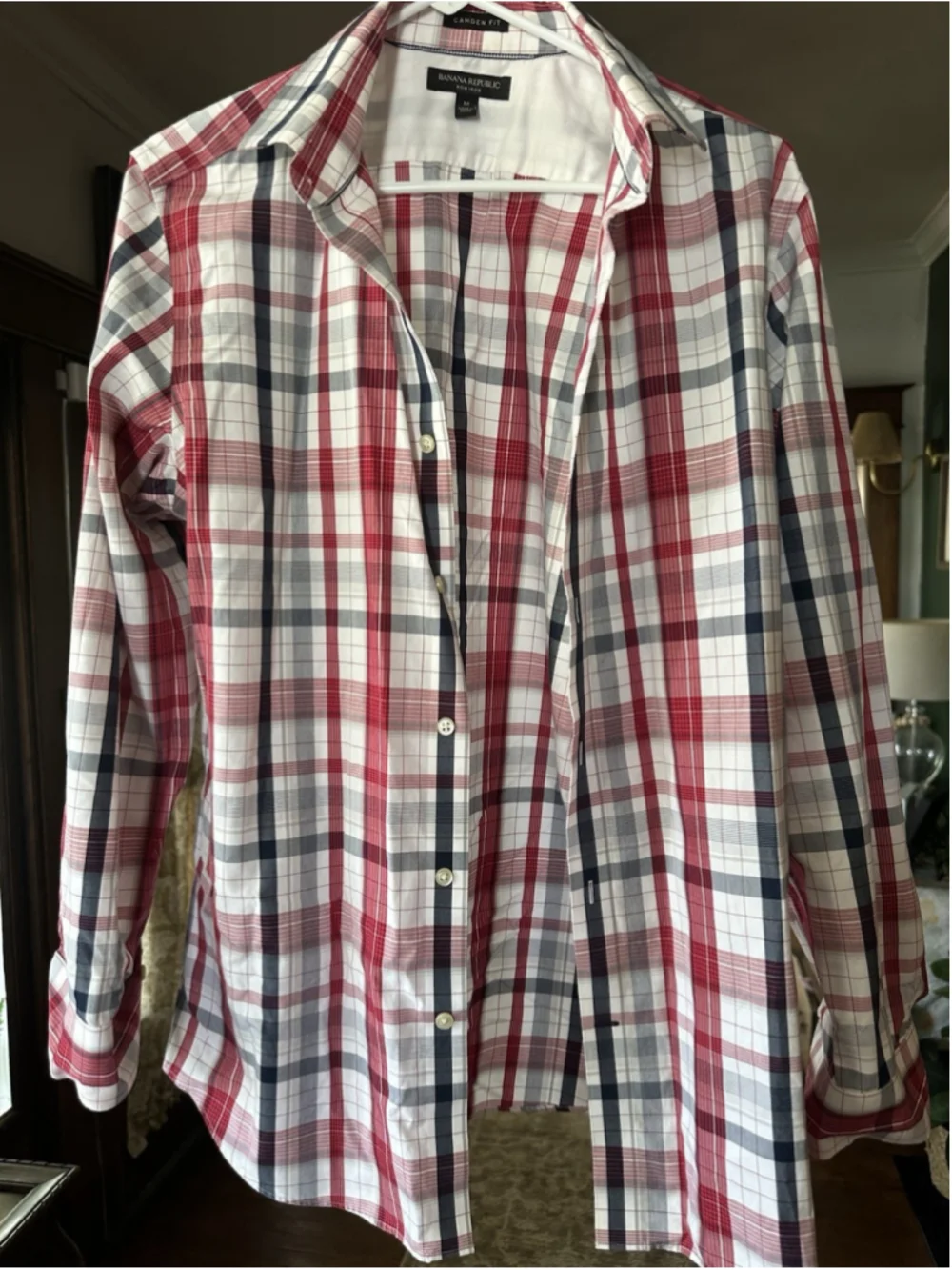 Banana Republic Camden Fit Plaid Shirt Red White Blue M Non-Iron Long Sleeve